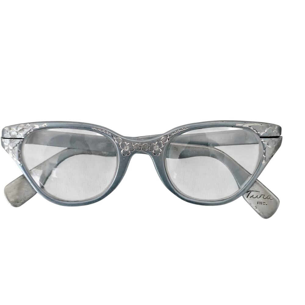 Tura Light Powder Blue Floral Eyeglass Frames Cat Eye Aluminum Vintage Retro MCM